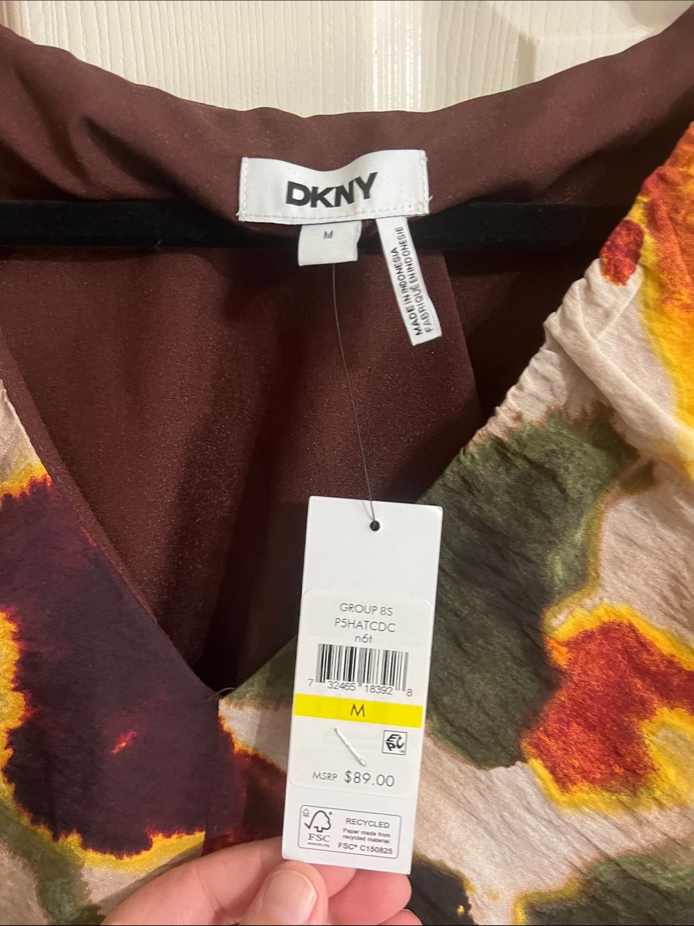 DKNY Long-Sleeve V-Neck Abstract Print Blouse in Burgundy, Mustard, Olive, Cream - Picture 4 of 7